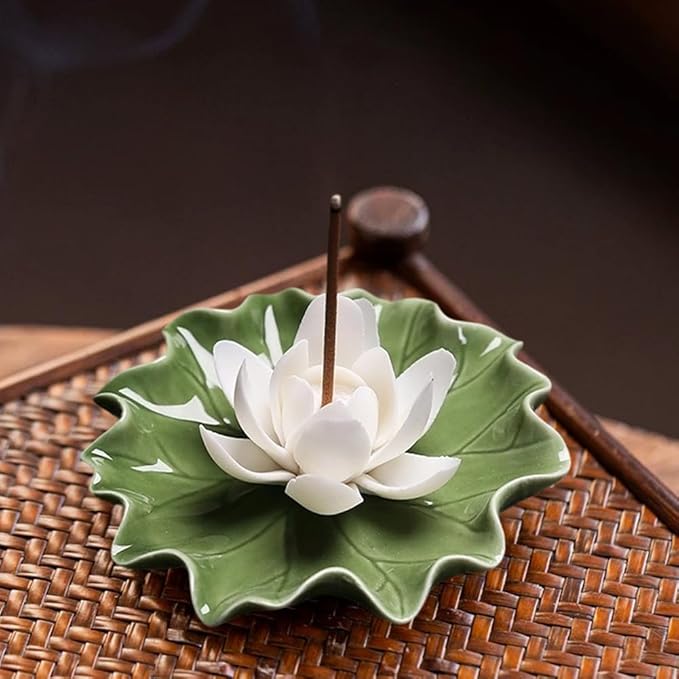 CREATCABIN Lotus Incense Burner Holder Stick Ceramic Detachable Ash Catcher Lotus Leaf Incense Burners Tray for Sticks Home Yoga Teahouse Zen Buddhist Altar Purify Spiritual Supplies White 3.54 Inch