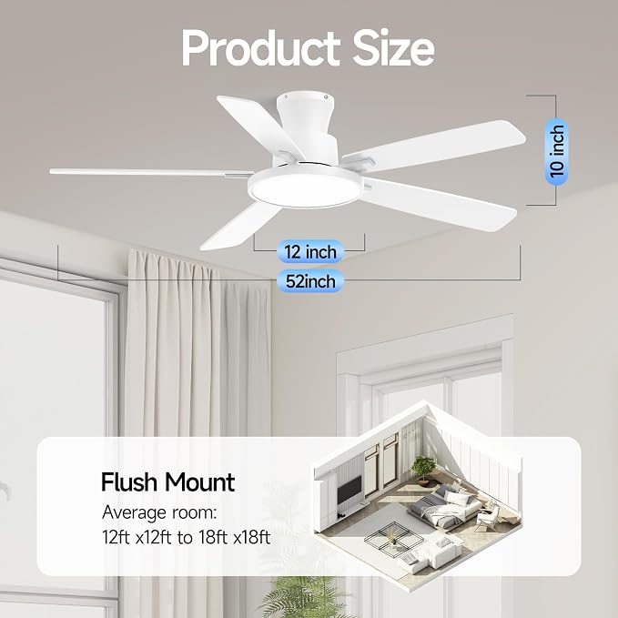 Ceiling Fans With Lights,52 Inch Smart Ceiling Fan, Remote/App Control, Compatible with Alexa/Google Assistant,Reversible,Dimmable,Adjustable Color Temperature,6 Speeds,Timer(White)