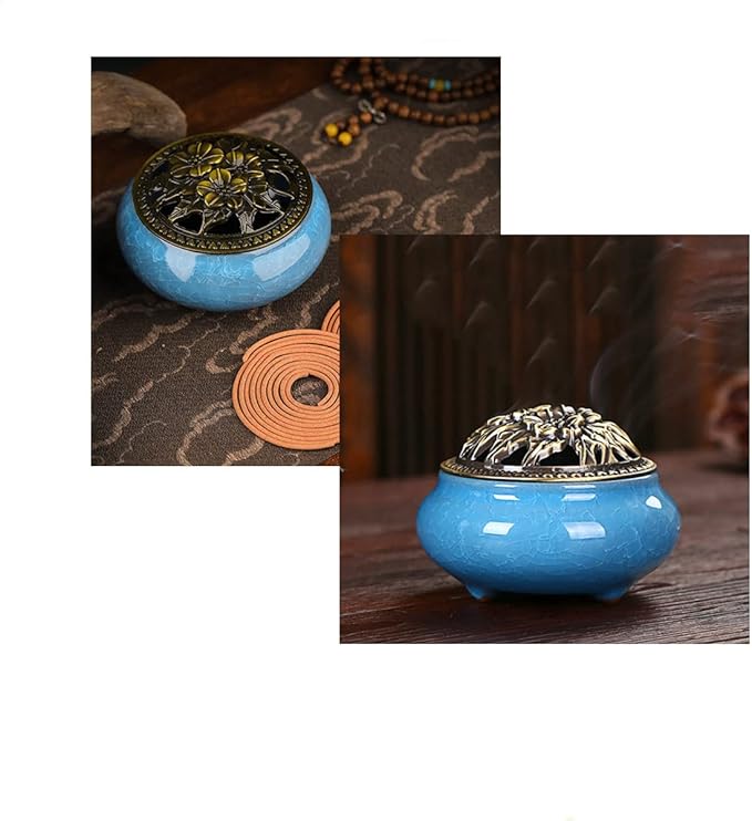 Ceramic Incense Burner, Ceramic Incense Burner with Lid, Cone Incense Burner, Cone Coil Incense Holder for Home Decor Yoga Spa Meditation(Blue)