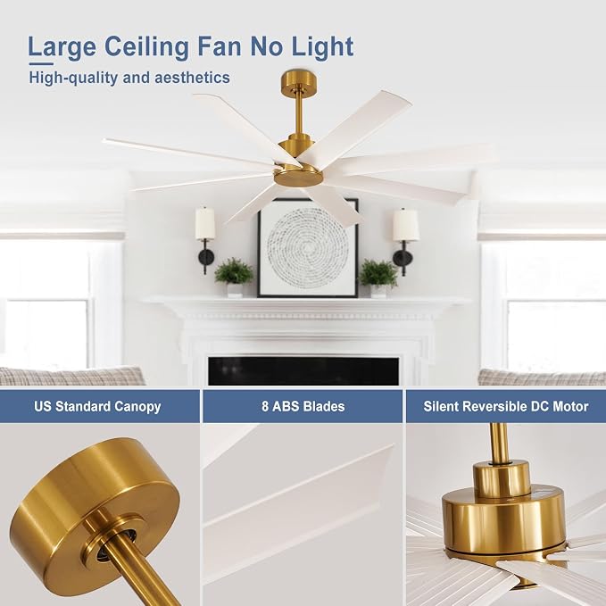 Farmhouse Ceiling Fan with Remote: 60" White and Gold 8-Blade 5-Speed Reversible DC Motor - Large Indoor/Outdoor Fan
