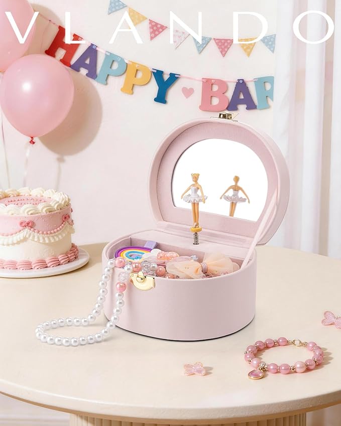 VLANDO Musical Jewelry Box for Girls - Valentines Day Gifts for Daughter Kids - Birthday for Girls Ages 4 5 6 7 8-12 Year Old - Kid Music Box with Ballerina for Birthday Bedroom Decor - Light Pink