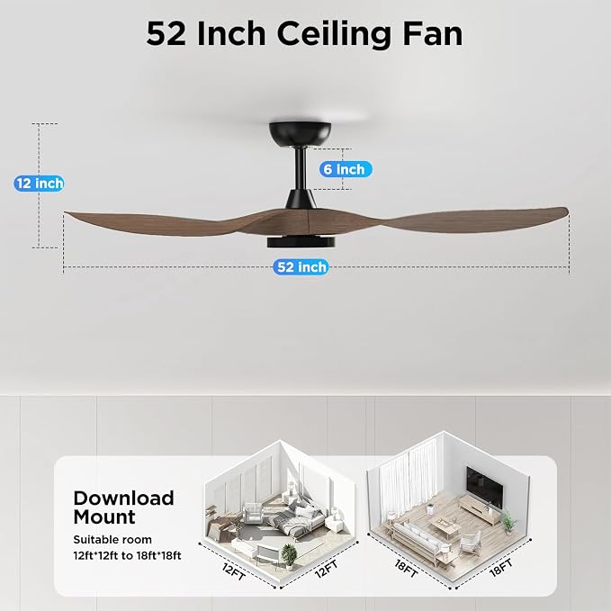 Roomratv Ceiling Fans with Lights and Remote Control,Quiet Noiseless Reversible DC Motor,6 Speeds,Timers, 3 CCT, Indoor Use, Plastic Blades,52 Inch Black Wood Grain Modern Ceiling Fan for Living Room