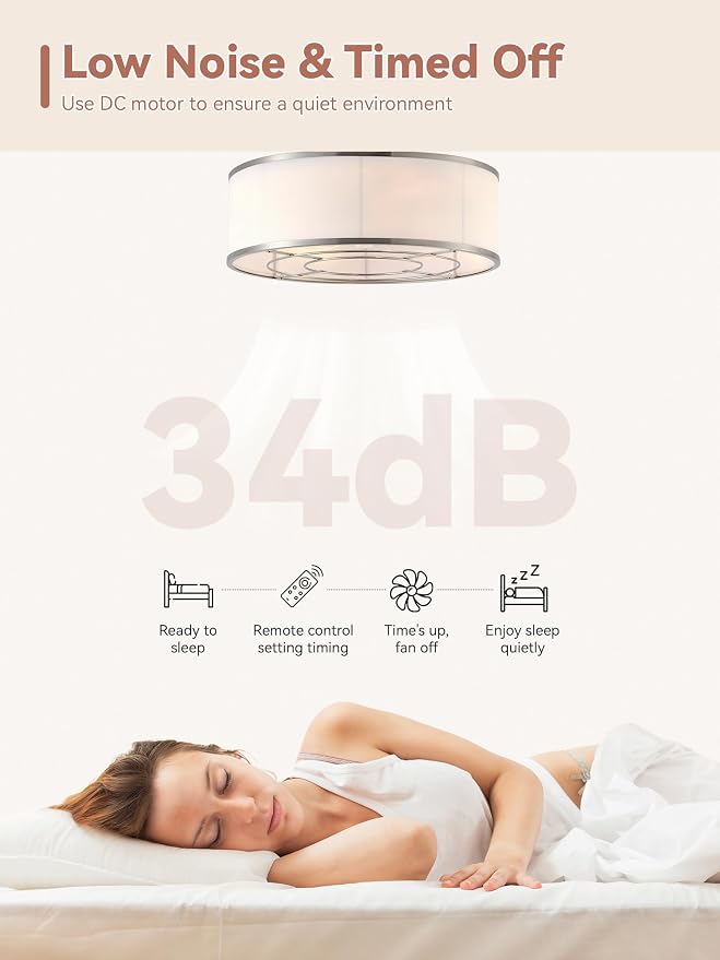 Low Profile Ceiling Fans with Lights, 20" Silver Boho Ceiling Fan with Light Flush Mount and Remote Control, Drum Caged with 6 Speeds for Bedroom, Nursery, Living Room