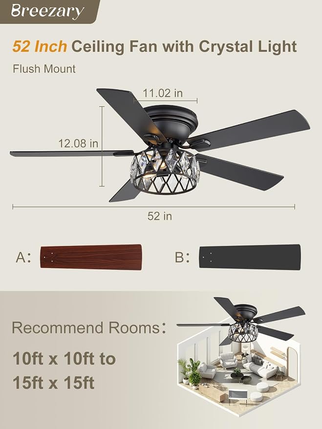 52 Inch Flush Mount Ceiling Fans with Lights and Remote, Double-Sided 5-Blade, 6-Speed Reversible DC Motor, Modern Low Profile Ceiling Fan Crystal Fandeliers for Bedroom Living Room Kitchen (Black)