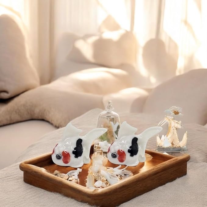 WitnyStore Tiny ⅞ Inch White Red Black Oranda Goldfish Figurine - Miniature Hand Made Painted Ceramic Ryukin Fantail Gold Fish Aquarium Animals Cute Porcelain Decorative Collectible Figure Décor Gifts
