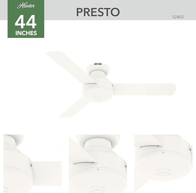 Hunter 44 inch Indoor Ceiling Fan No Light - White Modern Ceiling Fan without Light, 3 Blades, Low Profile Mount, For Bedroom, Living Room, or Kitchen, Wall Control - Presto 52402, Matte White | Flush-mount housing fits rooms under 9 ft; SureSpeed high...