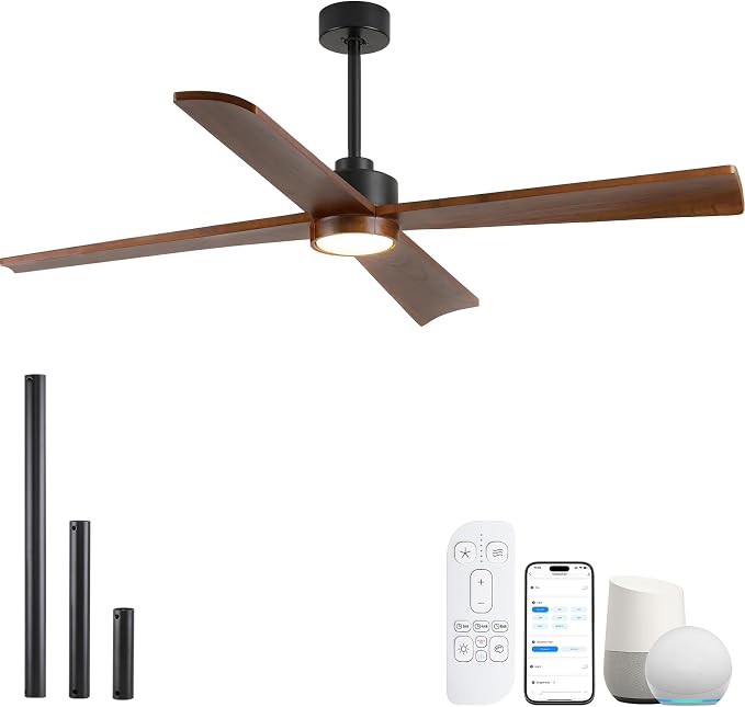 60 Inch Outdoor Smart Ceiling Fan with Light for Patio Damp Rated -High CFM Propeller 4 Wood Blades for Large Room, Rustic Farmhouse, Alexa/Tuya App/Remote Control, Quiet DC Motor, Porch, Gazebo