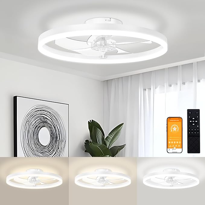 VOLISUN Low Profile Ceiling Fans with Light and Remote, No Assembly, 19.7in Bladeless Ceiling Fan with Lights,3000K-6500K Dimmable Flush Mount LED Fan Light,White Fandelier Ceiling Fans for Bedroom