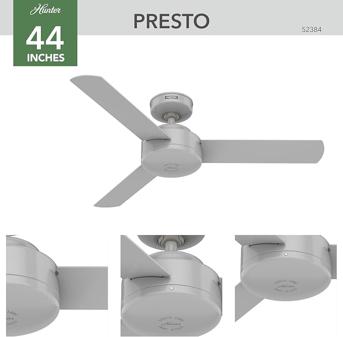 Hunter Presto, Indoor, Ceiling Fan, No Light, Modern, 44 inch, Dove Grey | Standard Mount, Wall Control, 3 Blades, For Bedroom, Living Room, Kitchen, 52384