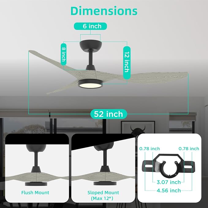 Roomratv Ceiling Fans with Lights and Remote Control,Quiet Noiseless Reversible DC Motor,6 Speeds,Timers, 3 CCT, Indoor Use, Plastic Blades,52 Inch White Oak Modern Ceiling Fan for Living Room