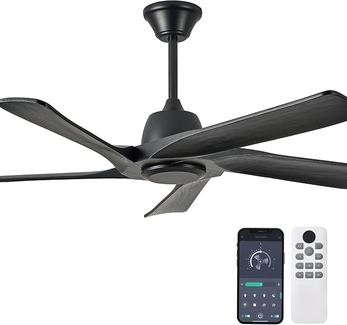 52“ DC Ceiling Fan No Light, 5 Solid Wood Fan Blades, Remote and APP Control, 6-speed Reversible, Quiet Ceiling Fan without Lights for Bedroom, Living Room, Office, Black