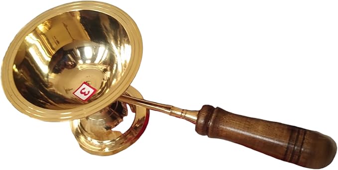 BHAVICREATION Brass Aarti Diya with Wooden Handle Brass Camphor Dhoop Arti Wooden Handle Puja Arti (130 Gram Length=8 inch)