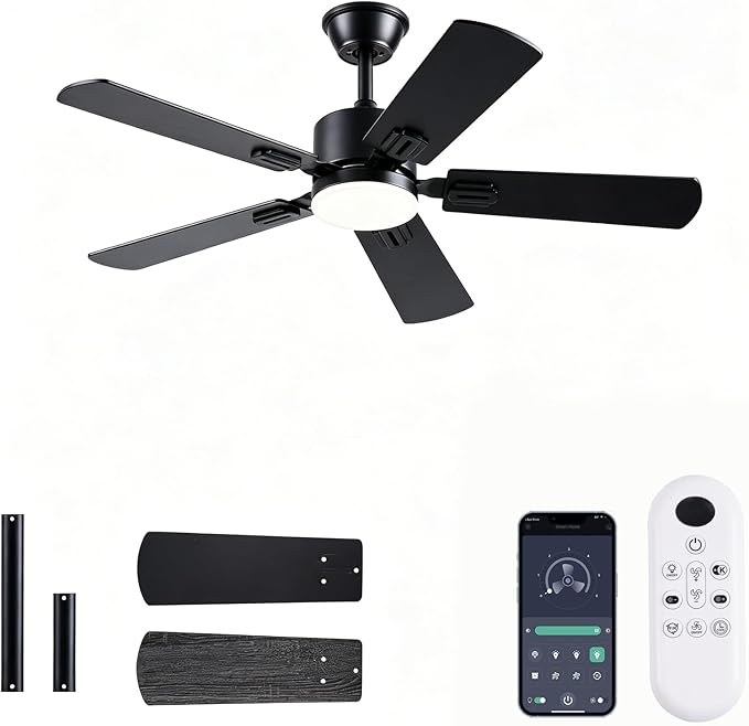 FUMLTP 42 inch Modern Ceiling Fans with Lights APP/Remote Control, Low Profile Reversible 6 Speeds Ceiling Fan Light for Indoor/Outdoor Patio Bedroom Living Room,Black