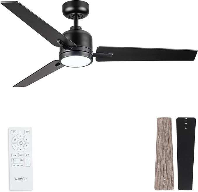 Newday 48 Inch Ceiling Fans with Lights Remote, Black Ceiling Fans Dimmable 3 Color Temperature, Timer, 3 Blades, 6 Speed Modern Fan Quiet Reversible DC Motor for Indoor or Covered Outdoor