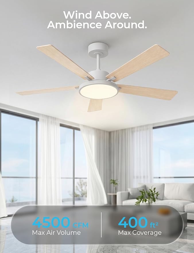 CINOTON Smart Ceiling Fan with Lights, 52'' RGBCW Ceiling Fan with Lights and Remote App Voice Control, Reversible DC Motor, 2600lm LED, 6 Speeds & 2 Fan Mode, Quiet Fan for Bedroom, Living Room White