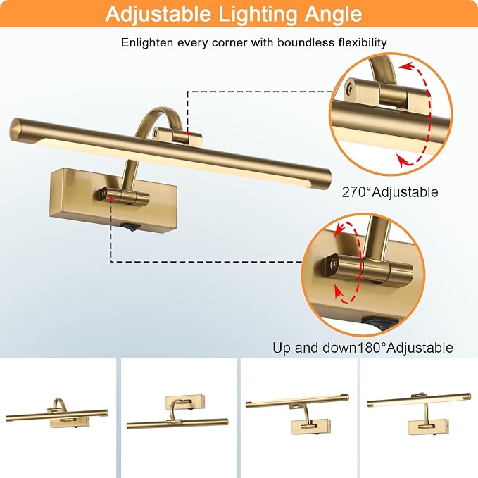 Tassuowell Wireless Picture Lights for Wall Rechargeable, Battery Operated Art Light for Paintings, 3CCT Dimmable, 15.7" Brass Finish with Remote, Rotatable Gallery Light for Pictures Display