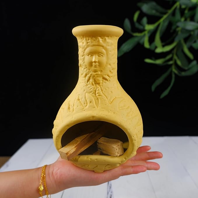 MOUGIGI Palo Santo Burner Holder,Yellow Mini Chiminea with Chimney Handmade Smudge Bowl fits sage, Incense Cones, Sticks, Small Candle; with ash Collection. Great for Zen Meditation, Altar Fireplace