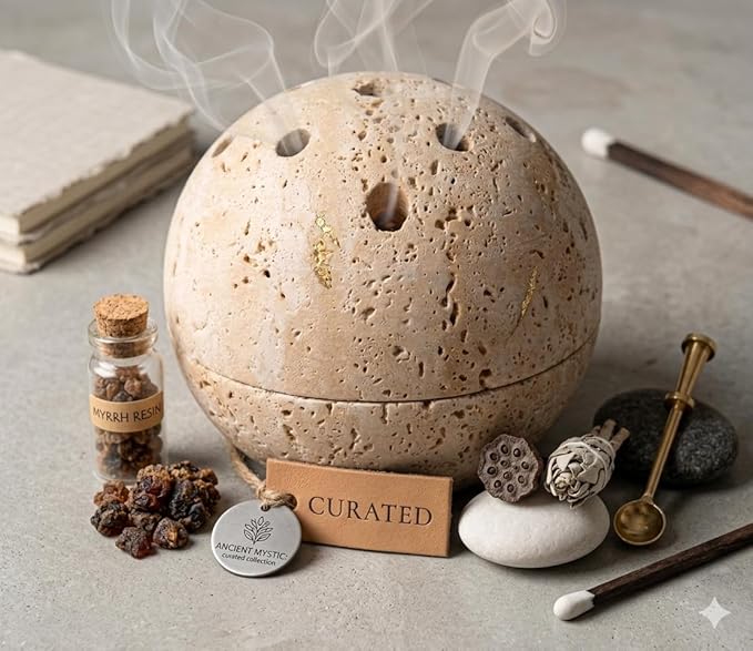 Handmade Travertine Stone Incense Resin Burner Holder – Natural Stone Incense Burner with Brass Insert for Home Decor & Relaxation