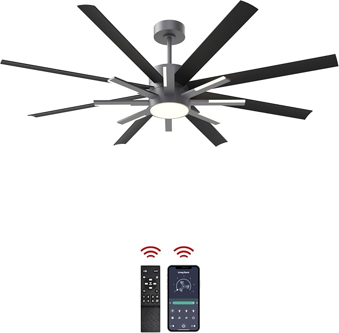 72 inch Black Ceiling Fans with Lights and Remote, Modern Large Ceiling Fan for Living Room Bedroom Patio，6 Speed Reversible，8 Blades and 9 Lights，3 CCT，Black Gray