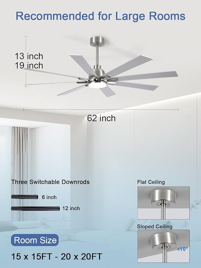 62 Inch Ceiling Fans with Lights and Remote, Pure Copper DC Motor Brushed Nickel Large Indoor/Outdoor Modern Industrial Ceiling Fan, Quiet, 6 Speed, 3CCT, for Patios Living Room Farmhouse Garage
