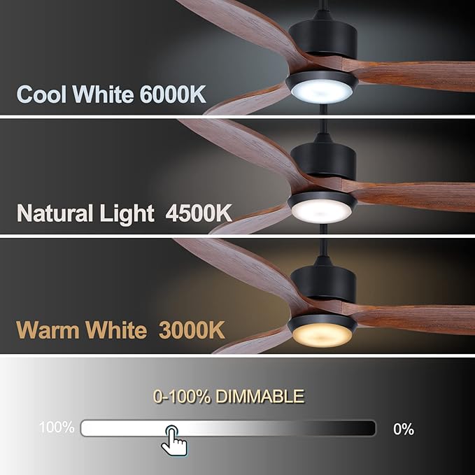Ovlaim 52 Inch Wood Ceiling Fan with Light, Quiet DC Motor, Smart 6-Speed | 35dB Quiet, Solid Wood Blades, 3-Color Dimmable LED with Memory Function, App & Voice, Reversible Motor, Bedroom Living Room