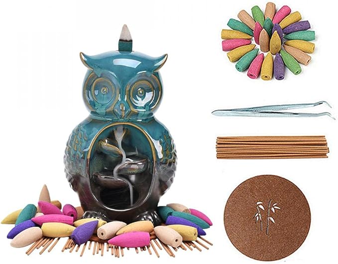 Backflow Incense Burner Holder Owl Shape Waterfall Porcelain Incense Holder Home Decor with Incense Cone Sticks Holder Incense Sticks Backflow Incense Cones Mat Tweezer Gift Set