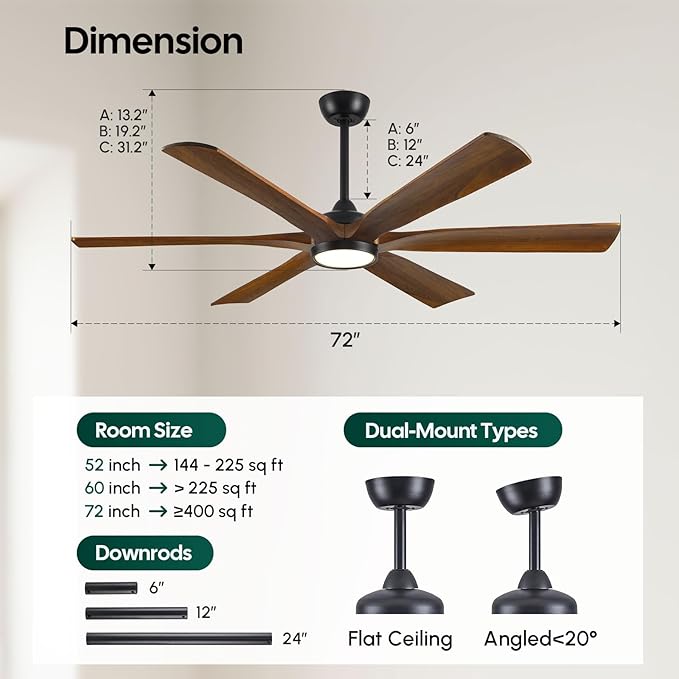 72 Inch Ceiling Fan with Lights and Remote, Modern Farmhouse Style, High CFM Quiet Energy Efficient DC Motor, 6 Solid Wood Blades, Damp Rated for Covered Outdoor Patio Porch & Indoor Large Living Room