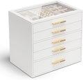 VLANDO 5-Drawer Jewelry Box with Glass Lid, Faux Leather Organizer for Rings Earrings Necklaces and More, Gift-Ready Jewelry Case for Women Girls or Moms, White