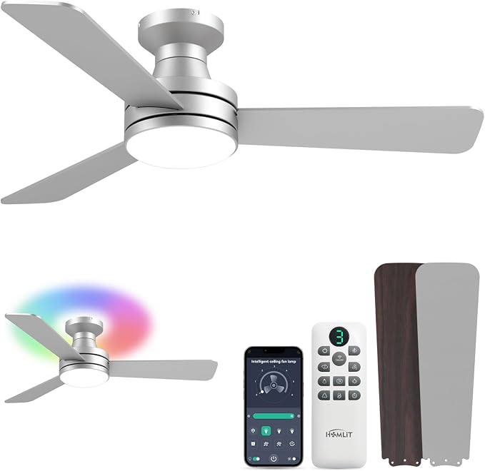 42 inch RGB Ceiling Fan with Light, Smart App & Remote Control Low Profile Flush Mount, Music Sync Lighting, 6-Speed Quiet Reversible DC Motor, 4CCT Dimmable for Home Office Party, Silver