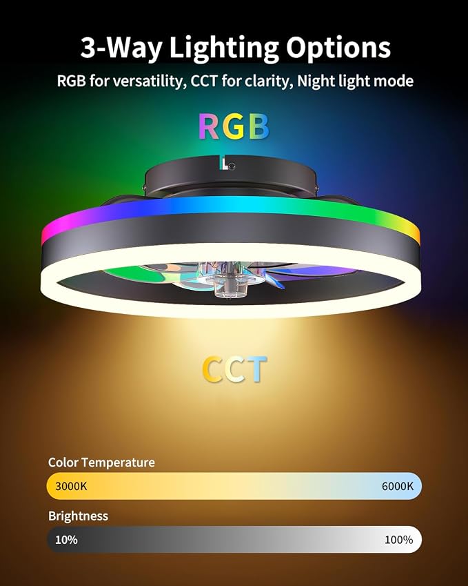 RGB Ceiling Fan with Lights, Low Profile Ceiling Fans with Lights and Remote, Flush Mount LED Fan Light, Modern Bladeless Fandelier for Bedroom Works with APP, 16IN Black