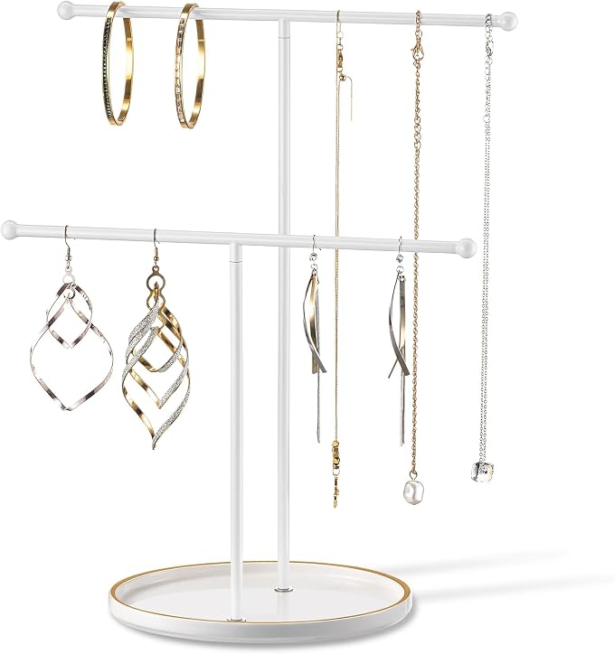 Jewelry Stand with Ceramic Tray, Necklace Holder, White Bar White Base | Ceramic Base, Gift for Women & Girls, Hanging Necklace Organizer Tree, Earrings, Bracelets, Rings, small