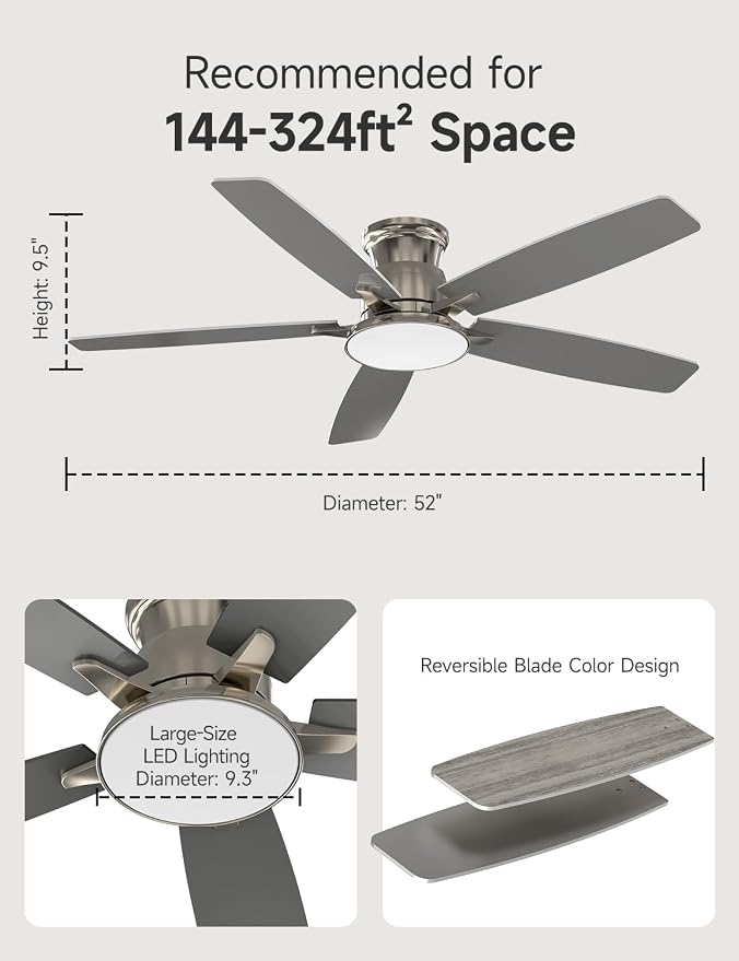Flush Mount Ceiling Fan with Light, 52 Inch, Remote Control, 3CCT Dimmable LED, 6-Speed Silent Reversible DC Motor, Low Profile Hugger Ceiling Fan for Indoor/Outdoor 90-264V 50/60Hz Brushed Nickel