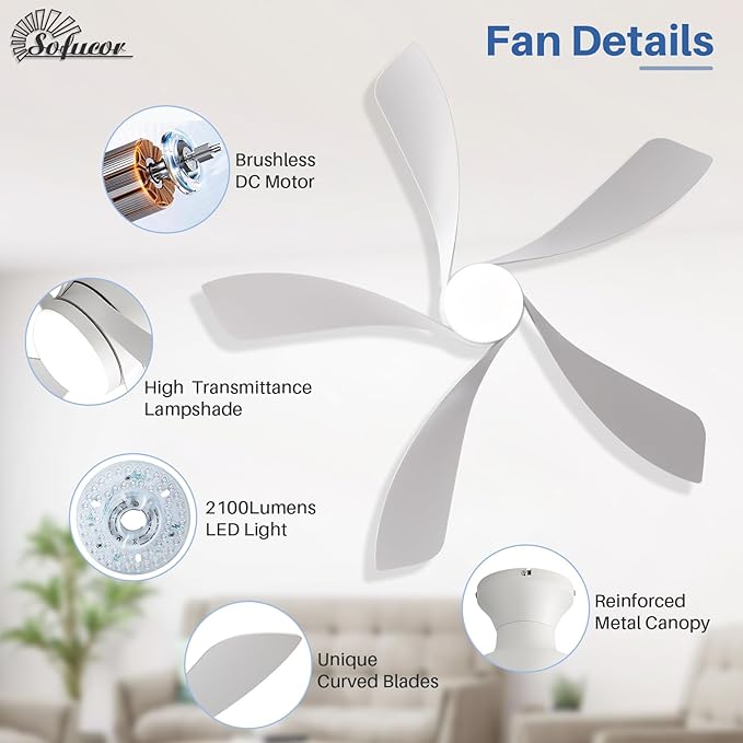 Sofucor 52 Inch Low Profile Ceiling Fan with Light, Flush Mount Outdoor White Ceiling Fan with Remote for Bedroom Living Room Patio, Dimmable LED High Airflow Quiet Reversible DC Motor