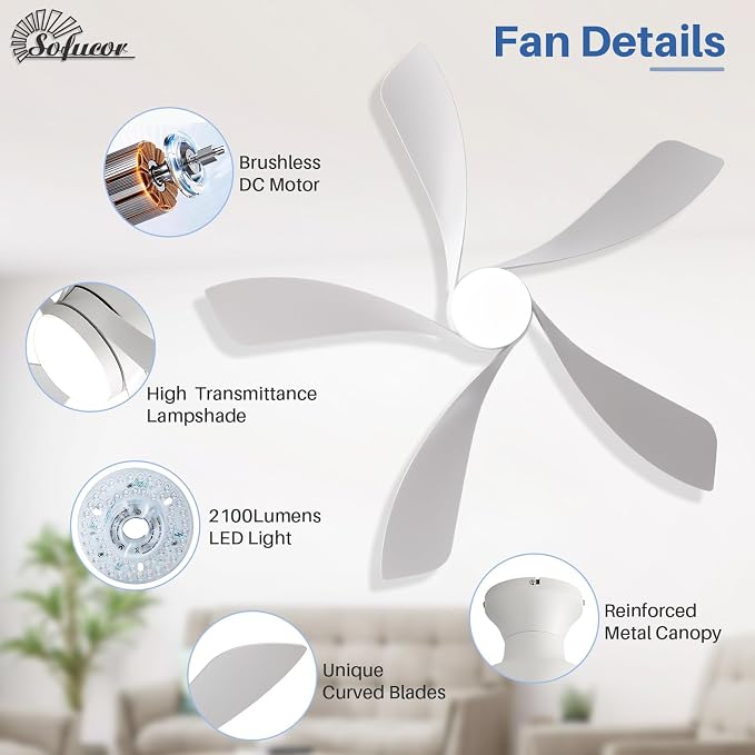 Sofucor Smart 52'' Low Profile Ceiling Fan with Lights and Remote, Flush Mount Ceiling Fan Work with APP/Alexa/Google for Modern Bedroom Living Room Patio, Dimmable LED Quiet Reversible DC Motor