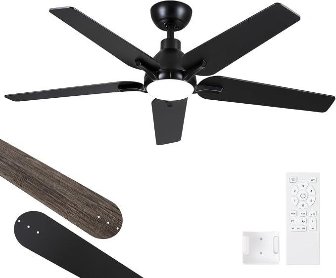 52 Inch Ceiling Fan with Light and Remote Control, Black | 6-Speed Quiet Reversible DC Motor, 3CCT Dimmable 24W LED Light,5 Wood Blades,Used for Bedroom, Living Room, Covered Patio