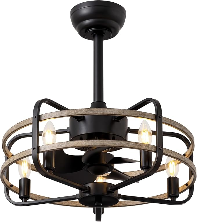 NOXARTE 20 Inch Caged Ceiling Fan with Light and Remote, Flush Mount Vintage Farmhouse Fandelier 6 Speeds Reverse Motor Rustic Bladeless Ceiling Fan for Bedroom Living Room Dining Room