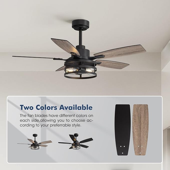 42 Inch Flush Mount Ceiling Fans with Lights and Remote Control, Farmhouse Ceiling Fan with LED Lighting for Bedroom Living Room and Patio, Black Caged Ceiling Fan for Indoor and Outdoor(NO Bulbs)