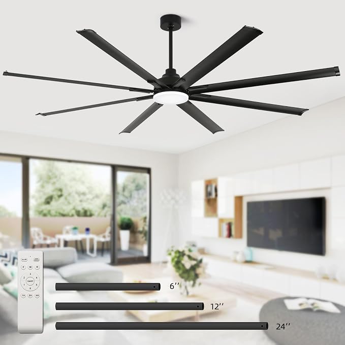 96 Inch Industrial Ceiling Fan with Light and Remote Control, Large Ceiling Fans with 8 Reversible Aluminum Blades, 3CCT, 6-Speed,Commercial Ceiling Fan for Porch/Garage/Shop