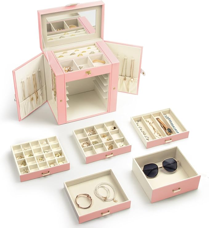 KAMIER Jewelry Box for Women, 6-Layer Large Jewelry Organizer Box with Mirror & 5 Drawers for Rings, Earrings, Necklaces, Bracelets,Pink
