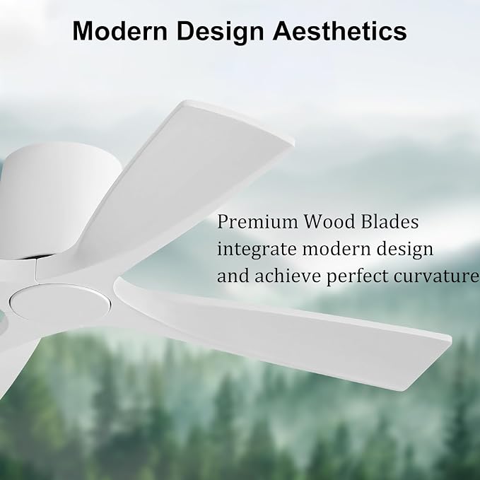 WINGBO 48 Inch Ceiling Fan Without Light, Solid Wood Flush Mount Ceiling Fan with Remote Control, Reversible DC Motor, 4 Blades, 6-Speed Quiet Performance, for Bedroom & Living Room, White