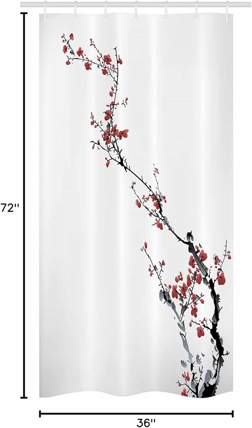 Ambesonne Watercolor Flower Stall Shower Curtain, Sakura Tree Cherry Branches in Classic Style Artwork, Fabric Bathroom Decor Set with Hooks, 36" W x 72" L, Coral Black