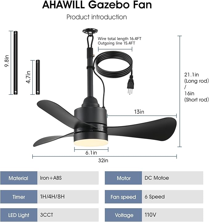 AHAWILL Gazebo Fan,32" Plug in Ceiling Fan with 3 Color LED Light,Waterproof Outdoor Hanging Fan,Outdoor Ceiling Fans for Patios,Gazebo,Pergola.Black