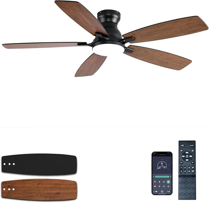 JSAITEE Ceiling Fans with Lights, 52 Inch Low Profile Ceiling Fan with Light and Remote Control, Flush Mount, DC Reversible Motor, Noiseless, Brown 6 Speeds Ceiling Fan for Bedroom