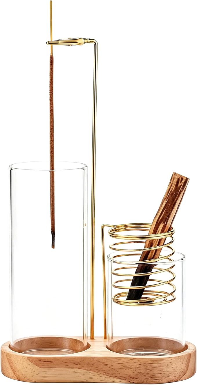 3 in 1 Incense Holder for Burning Insence-Stick & Palo Santo & Sage Sticks, Hanging Upside Down Incense Stick Burner with Glass Ash Catcher & Storage, Upside Down Palo Santo Sage Burner