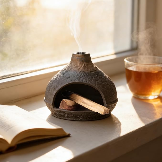 Palo Santo Holder Incense Burner-Zongzi Clay Smudge Bowl with Chimney, Mini Ceramic Fireplace for sage、Cone Burning (Handmade - B)