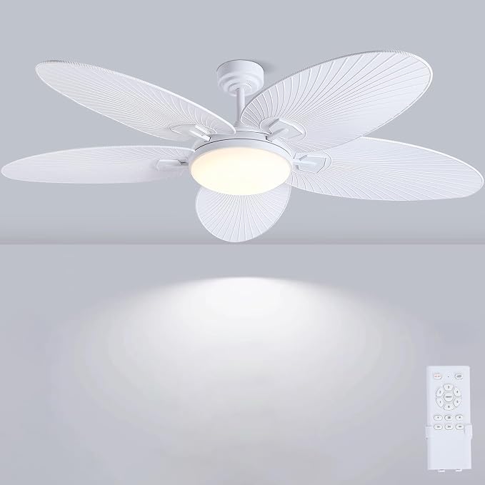PHORUS 62"Large White Outdoor Palm Leaf Ceiling Fans with Lights and Remote | Super Large Airflow with 6 Wind Speeds,Reversible,3 LED Light Colors,50W Quiet DC Motor,4H Timer,Suits for Living Room Patio