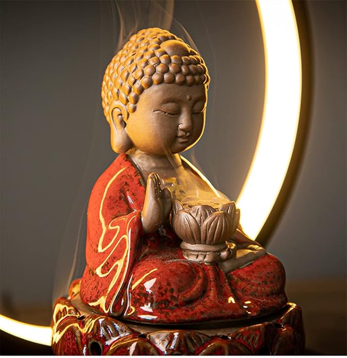 Ceramic Buddha Incense Burner Waterfall Chinese Backflow Incense Burner Holder with LED Light Incense Cones for Home Office Decor (Red)