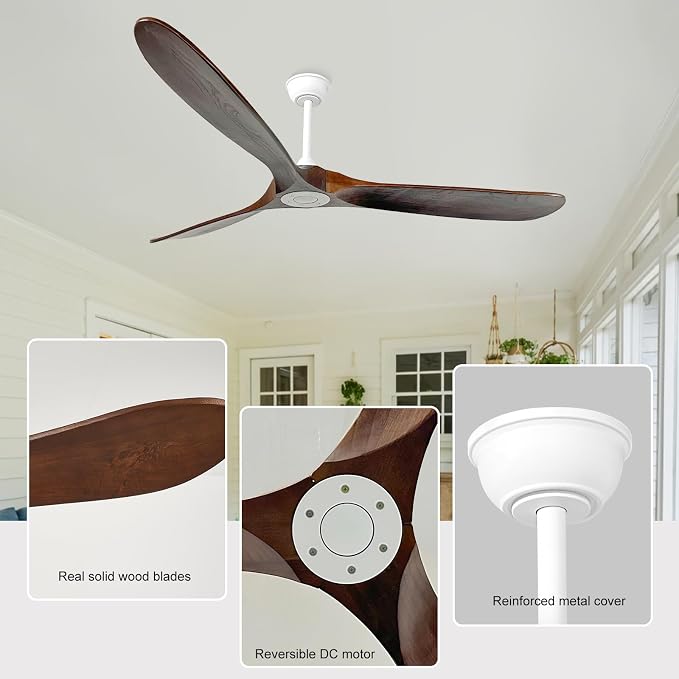 72'' Outdoor Ceiling Fans without Light,3 Solid Wood Blades with DC Silent and Large Airflow,Modern Ceiling Fan for Bedroom,Living Room,Porch (White+Dark walnut)