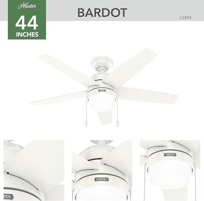 Hunter Bardot, Indoor, Ceiling Fan, Modern, 5 Blades, 44 inch, Fresh White | with LED Light and Pull Chain, Standard Mount, For Bedroom, Living Room, Kitchen, 52494