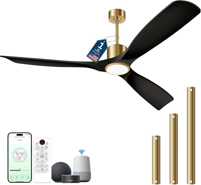 Ceiling Fans with Lights, Ceiling Fans with Lights and Remote Control, 60 inch Ceiling Fan with Light, Outdoor Ceiling Fans for Patios 3 Blade Bedroom Living Room-Matte Black and Gold